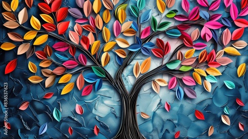 Fototapeta Naklejka Na Ścianę i Meble -  Colorful tree with leaves on hanging branches illustration background. 3d abstraction wallpaper . Floral tree with multicolor leaves