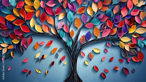 Fototapeta Naklejka Na Ścianę i Meble -  Colorful tree with leaves on hanging branches illustration background. 3d abstraction wallpaper . Floral tree with multicolor leaves