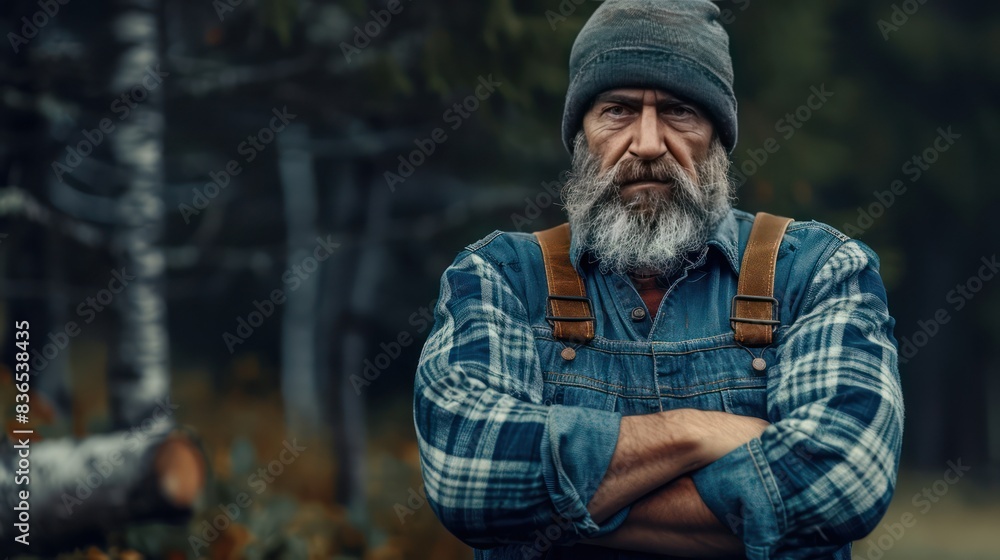 Close up of lumberjack man wearing blue shirt and beanie hat in the middle of the forest cross arms pose. Tree logging handyman carpenter. Close up of lumberjack man wearing blue shirt and beanie hat in the middle of the forest cross arms pose. Tree logging handyman carpenter.