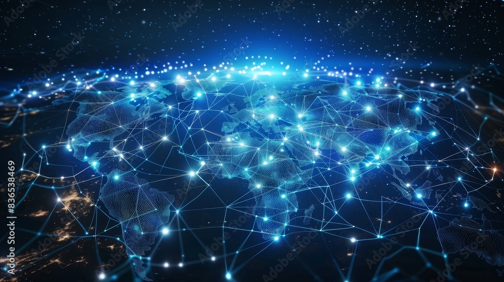 Worldwide Connectivity Illuminated Digital Network Map for Global Communication and Data Exchange Worldwide Connectivity Illuminated Digital Network Map for Global Communication and Data Exchange