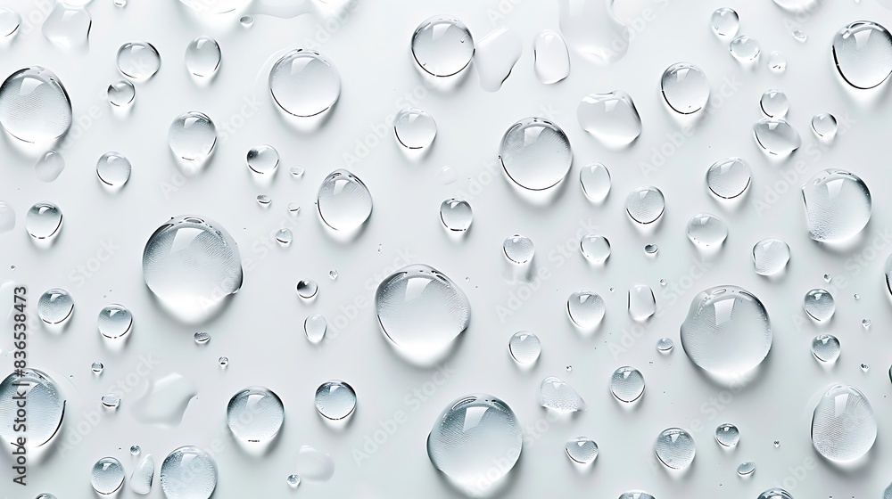 Multiple clear water droplets in a pattern on a white background. Multiple clear water droplets in a pattern on a white background.
