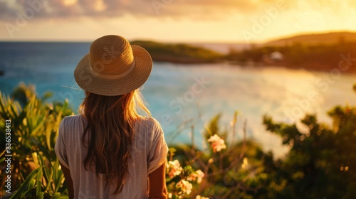 A young woman, adorned with a hat, overlooks a calm sea in a lush tropical setting. The wide shot captures the serene vibe, bathed in the warm glow of golden hour light. photo