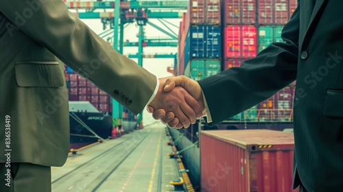 Container unloading ship port, Businessman shaking hands in the background, import export trade business.	
