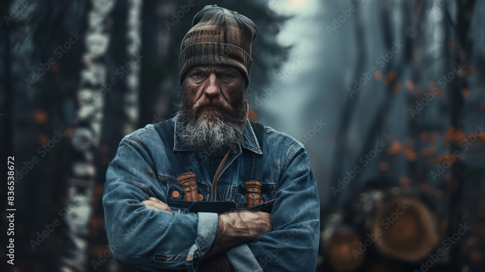 Close up of lumberjack man wearing blue shirt and beanie hat in the middle of the forest cross arms pose. Tree logging handyman carpenter.
