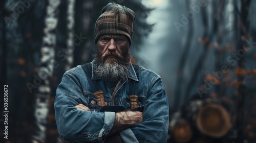 Close up of lumberjack man wearing blue shirt and beanie hat in the middle of the forest cross arms pose. Tree logging handyman carpenter. photo