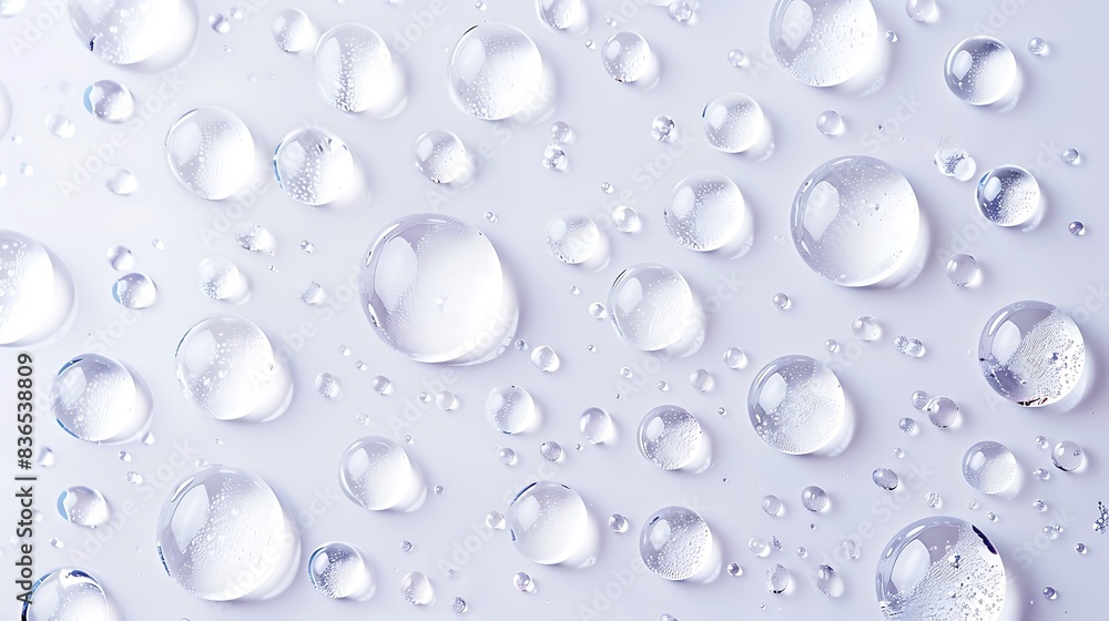 Multiple clear water droplets in a pattern on a white background. Multiple clear water droplets in a pattern on a white background.