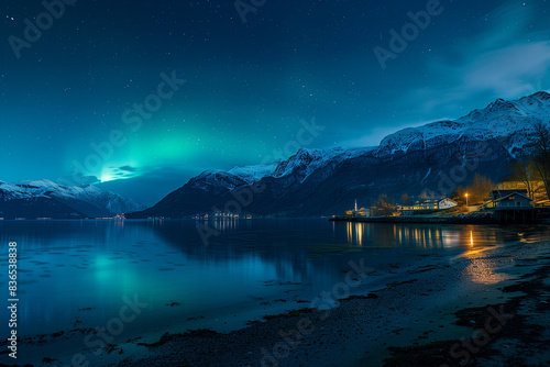 Landscape of a fjord under a sky of Northern Lights light  offering a breathtaking view for a vacation  set in the tranquil north  travel wallpaper and generous copy space