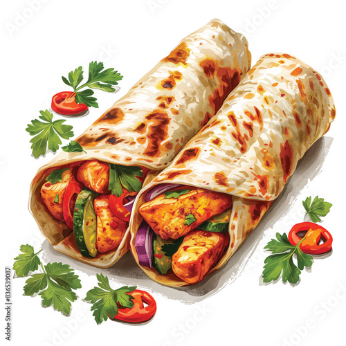 Tandoori chicken wraps isolated on white background