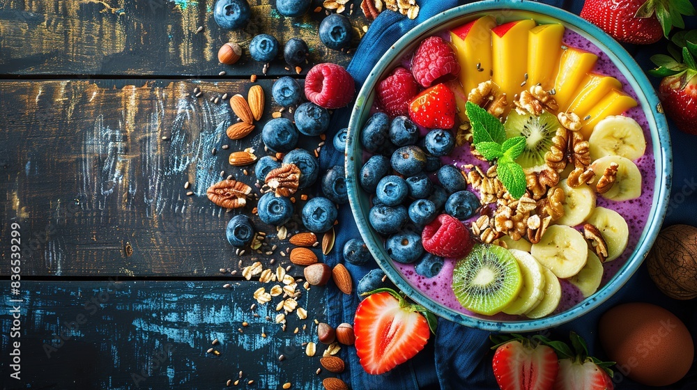 Vibrant Breakfast Spread with Colorful Fruits, Nuts, and a Smoothie Bowl Arranged Beautifully on a Rustic Wooden Table in High-Resolution Photography Style Vibrant Breakfast Spread with Colorful Fruits, Nuts, and a Smoothie Bowl Arranged Beautifully on a Rustic Wooden Table in High-Resolution Photography Style