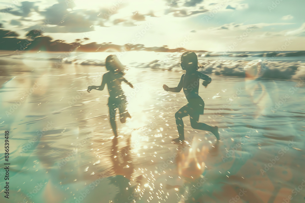 Fototapeta premium Kids running on the beach close up, focus on, copy space Energetic and funfilled scene Double exposure silhouette with ocean waves.