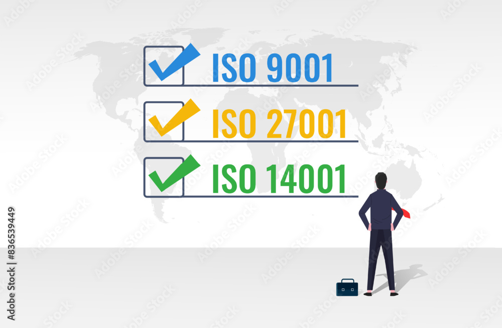 International organization for standardization concept, iso 9001 for quality management, iso 27001 for security management and iso 14001 for environmental management International organization for standardization concept, iso 9001 for quality management, iso 27001 for security management and iso 14001 for environmental management