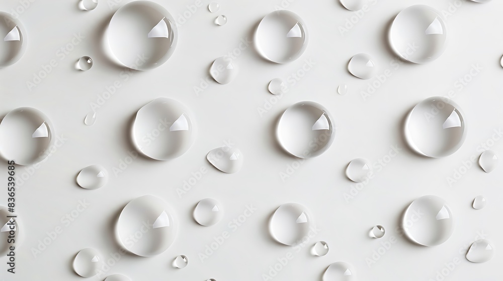 Multiple water droplets on a clean white surface, arranged symmetrically. Multiple water droplets on a clean white surface, arranged symmetrically.