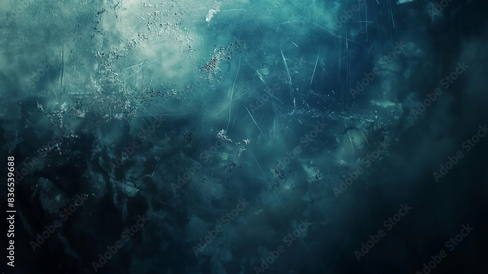 Abstract blue-green textured artwork with a dark, mysterious atmosphere.