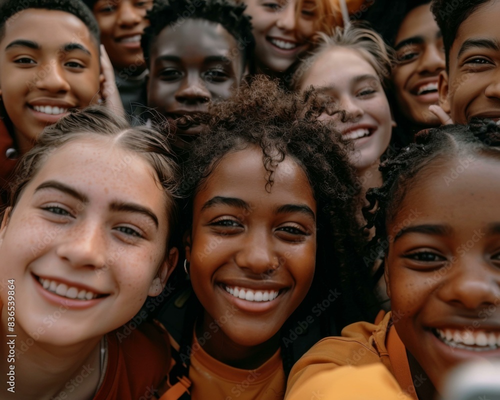 A group of smiling people taking a selfie together. Generative AI. A group of smiling people taking a selfie together. Generative AI.