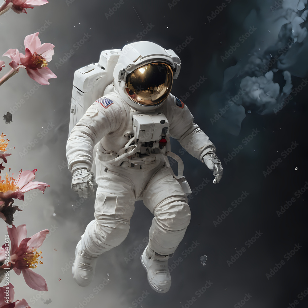 astronaut floating in the air with flowers in the background astronaut floating in the air with flowers in the background