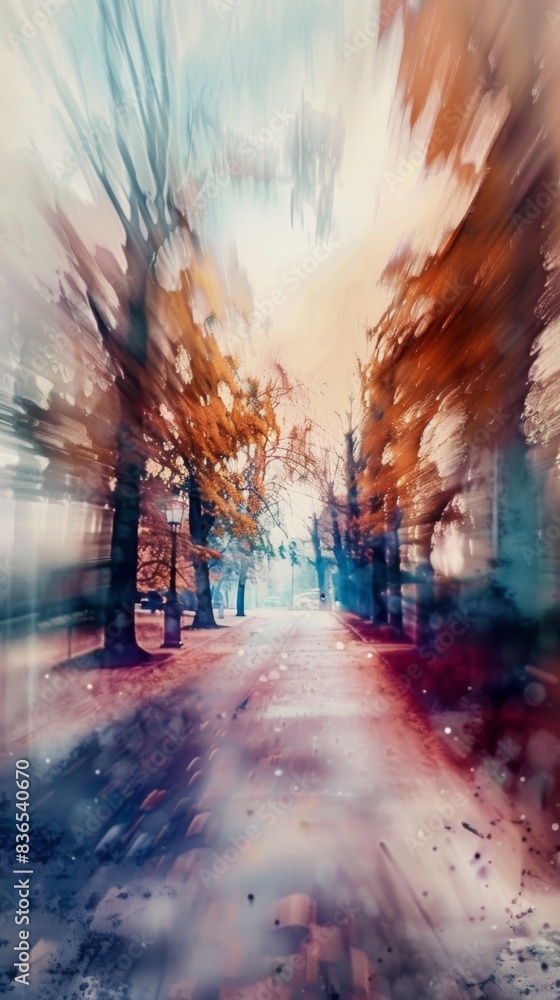 Blurred photograph of a road with trees and benches in the middle Blurred photograph of a road with trees and benches in the middle