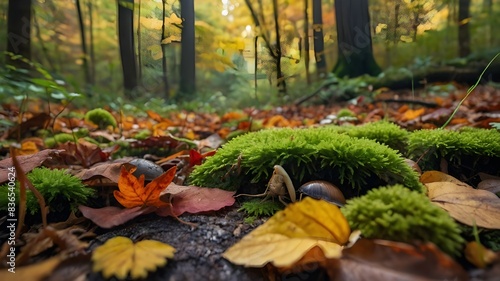 Autumnal Detail: Intricate Temperate Forest Floor View, Seasonal Tapestry: Detailed Autumn Temperate Forest Floor, Forest Floor Wonders: Close-Up of Autumn in a Temperate Woodland, Nature's Mosaic