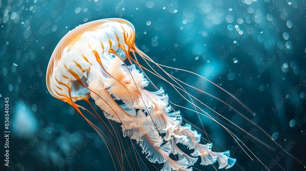 A close-up of a translucent jellyfish floating gracefully in the ocean. A close-up of a translucent jellyfish floating gracefully in the ocean.