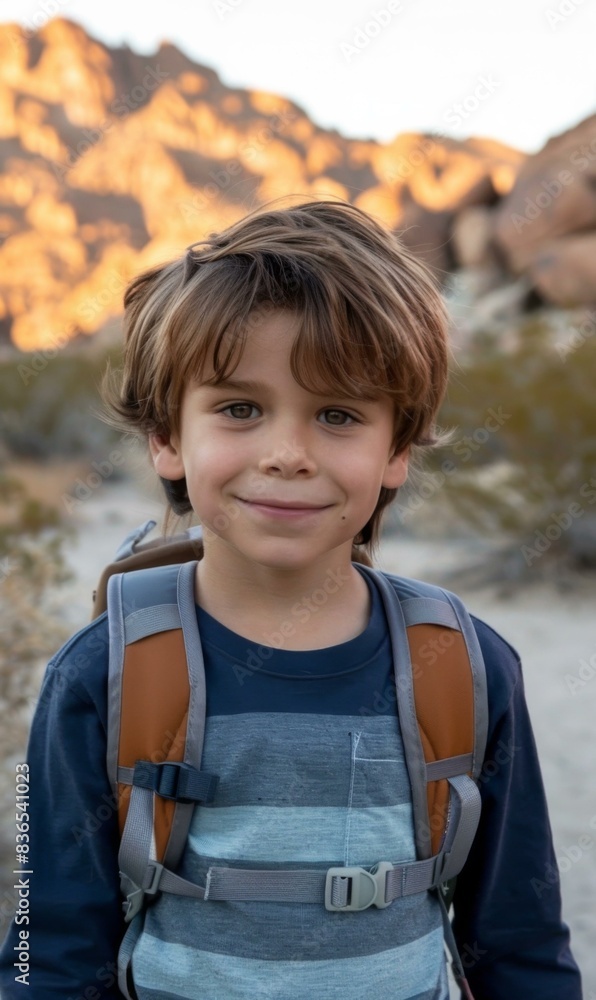 A young boy with backpack standing in front of a mountain. AI. A young boy with backpack standing in front of a mountain. AI.