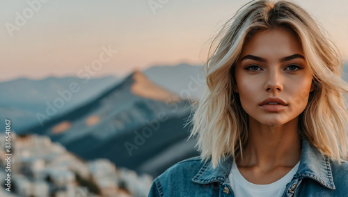 Stunning portrait of a beautiful woman influencer and model with blonde hair highlights photo