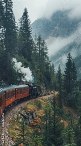 Train that is going down the tracks in the mountains, travel background
