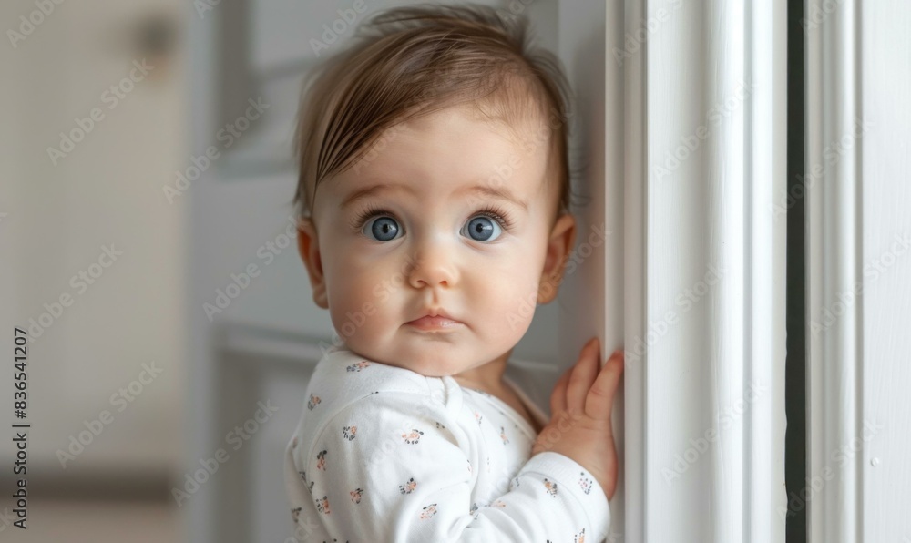 A baby with a white shirt and blue eyes looking at the camera. AI. A baby with a white shirt and blue eyes looking at the camera. AI.