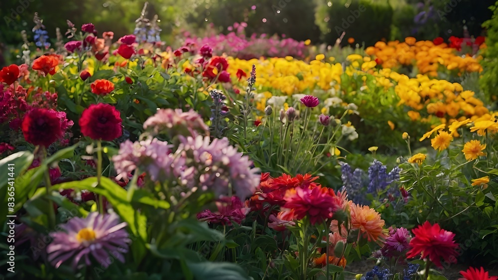 Fototapeta premium Summer's Palette: Vibrant Garden Bursting with Color, Blooming Spectacle: A Vibrant Garden in Full Summer Glory, Color Explosion: Vibrant Summer Garden in Full Bloom, Summer Symphony: Bursting Colors