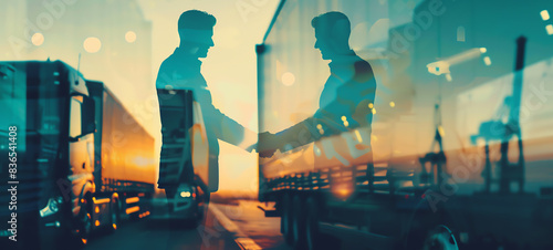 Freight broker negotiating with clients close up, focus on, copy space Professional and dynamic tones Double exposure silhouette with handshake and documents.