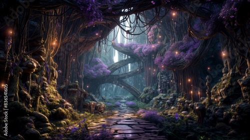 Stone path in the mystical thickets of a very unusual fantasy forest photo