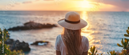 A young woman  adorned with a hat  overlooks a calm sea in a lush tropical setting. The wide shot captures the serene vibe  bathed in the warm glow of golden hour light.