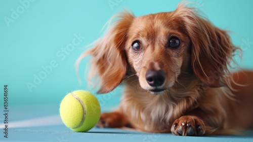 A cute long-haired dachshund is lying on the ground next to a bright green tennis ball