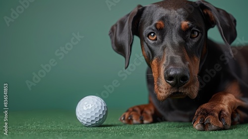 A Doberman Pinscher dog is lying on the green grass next to a golf ball. The dog has a serious expression on its face.
