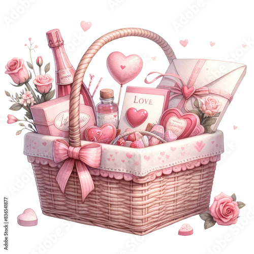 Valentine's Day basket with love-themed items clipart on transparent background
