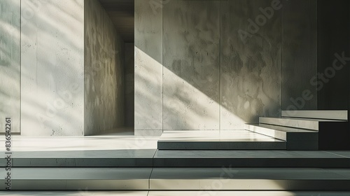 Modern Architectural Interior with Sunlight Casting Geometric Shadows on Smooth Concrete Walls and Steps Leading to Open Corridor. Minimalist Design and Unique Light Patterns