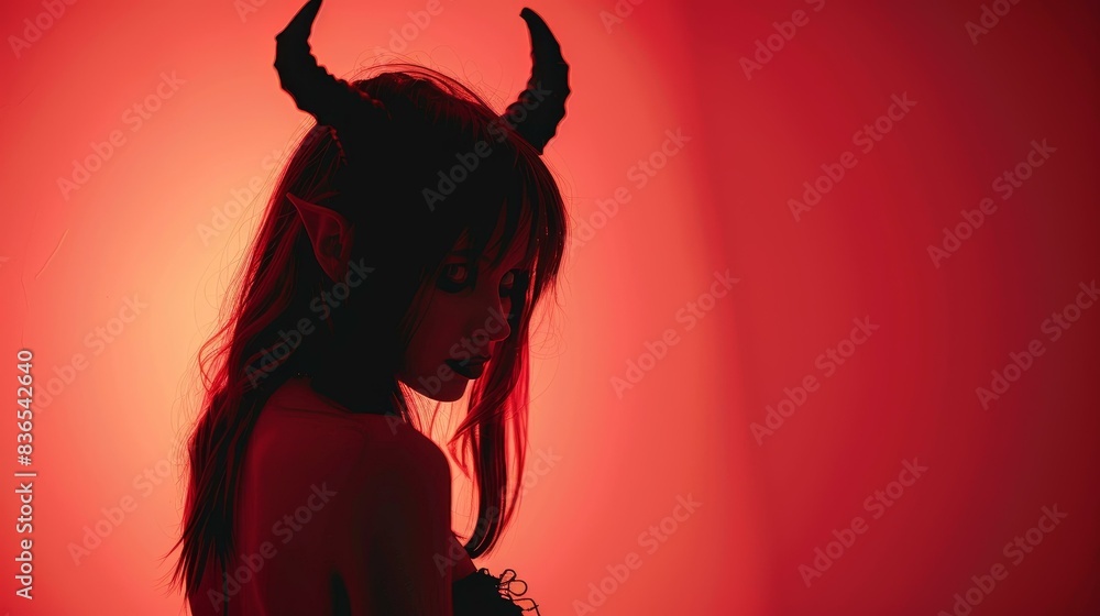 Captivating artwork of an elegant woman in a dark devil costume with soft lighting. Captivating artwork of an elegant woman in a dark devil costume with soft lighting.