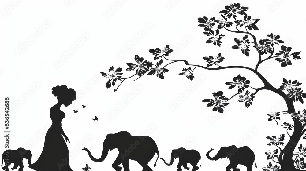 Naklejka premium A graceful woman marvels at a family of wild elephants in detailed silhouette artwork, capturing elegance and awe.