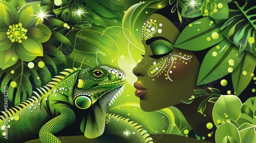 Stunning artwork of an elegant woman posing with a sleek green iguana, exuding grace and sophistication in a detailed silhouette.
