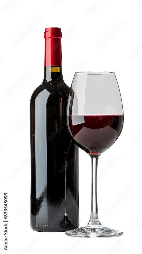 Elegant scene with red wine bottle and glass filled with red wine, isolated on transparent background. Perfect for wine-related themes. Elegant scene with red wine bottle and glass filled with red wine, isolated on transparent background. Perfect for wine-related themes.