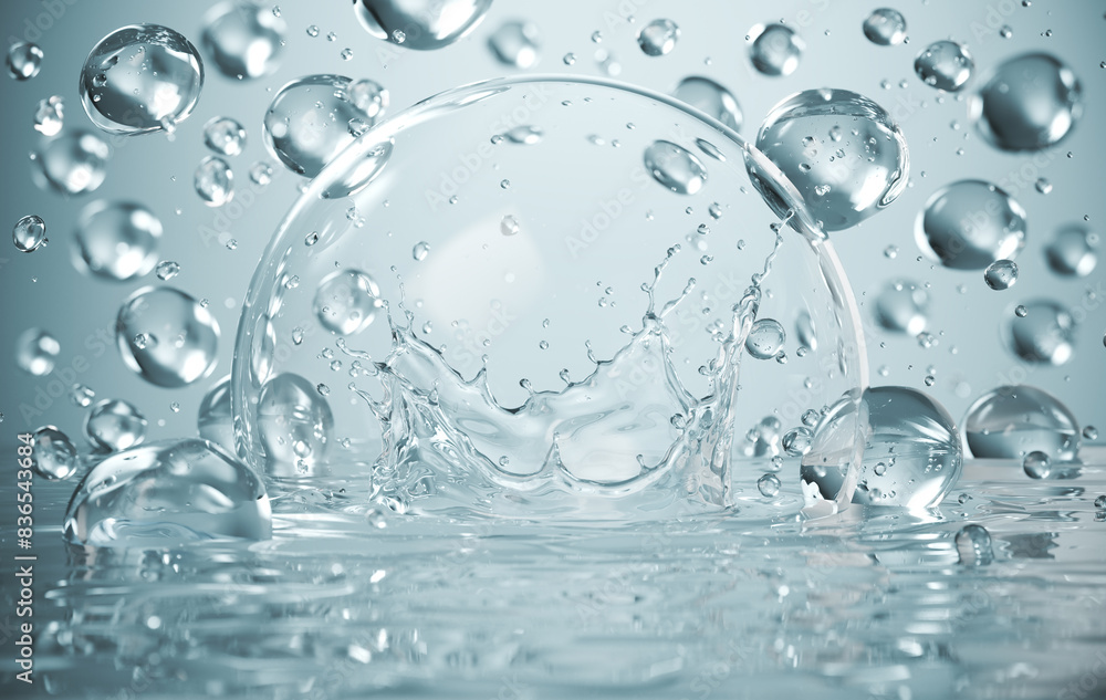 cosmetic moisturizer bubble on water surface, Cosmetic Essence, Liquid bubble, Molecule inside Liquid Bubble on water background, 3d rendering cosmetic moisturizer bubble on water surface, Cosmetic Essence, Liquid bubble, Molecule inside Liquid Bubble on water background, 3d rendering