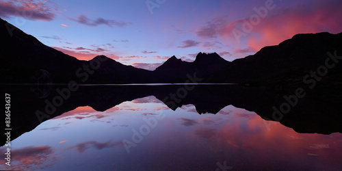 Cradle Mt reflected in Waters  of Dove Lake at dawn photo