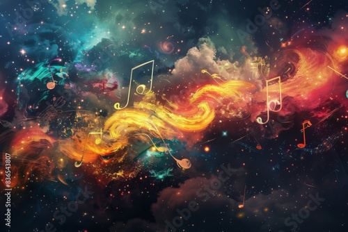 Brightly colored music notes are flying through the sky
