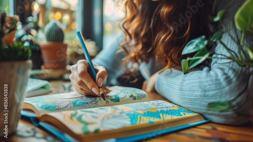 Woman practicing mindfulness with adult coloring book