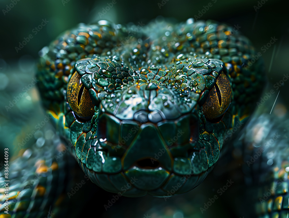 Fototapeta premium Close-up of a green snake. Artificial intelligence.