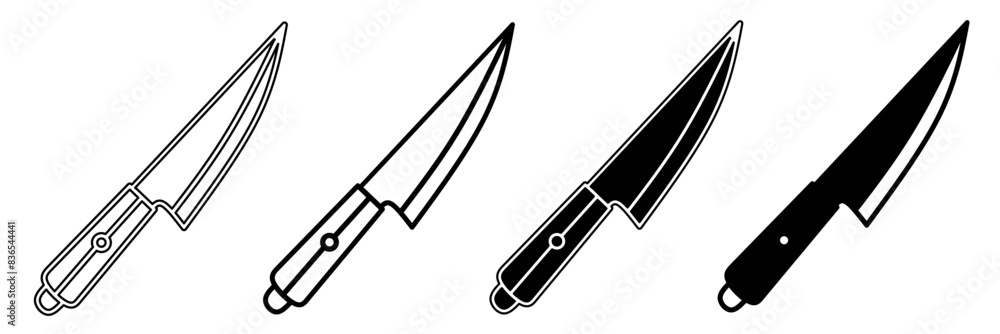 Black and white illustration of a knife. Knife icon collection with line. Stock vector illustration. Black and white illustration of a knife. Knife icon collection with line. Stock vector illustration.