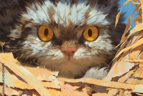 Super cute illustration of a pallas cat hiding, vibrant colors, soft focus, detailed fur texture, happy and playful mood photo