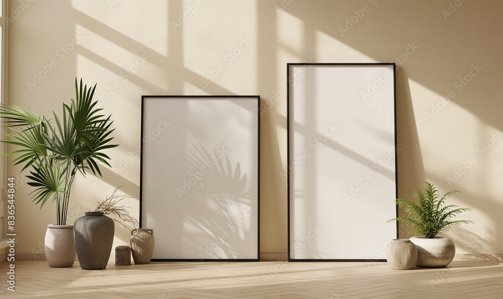 3d rendering, 2 large black framed blank picture frames on a beige wall, mockup template, home decor style, one frame with a square shape and the other with a landscape format, minimalist style 3d rendering, 2 large black framed blank picture frames on a beige wall, mockup template, home decor style, one frame with a square shape and the other with a landscape format, minimalist style