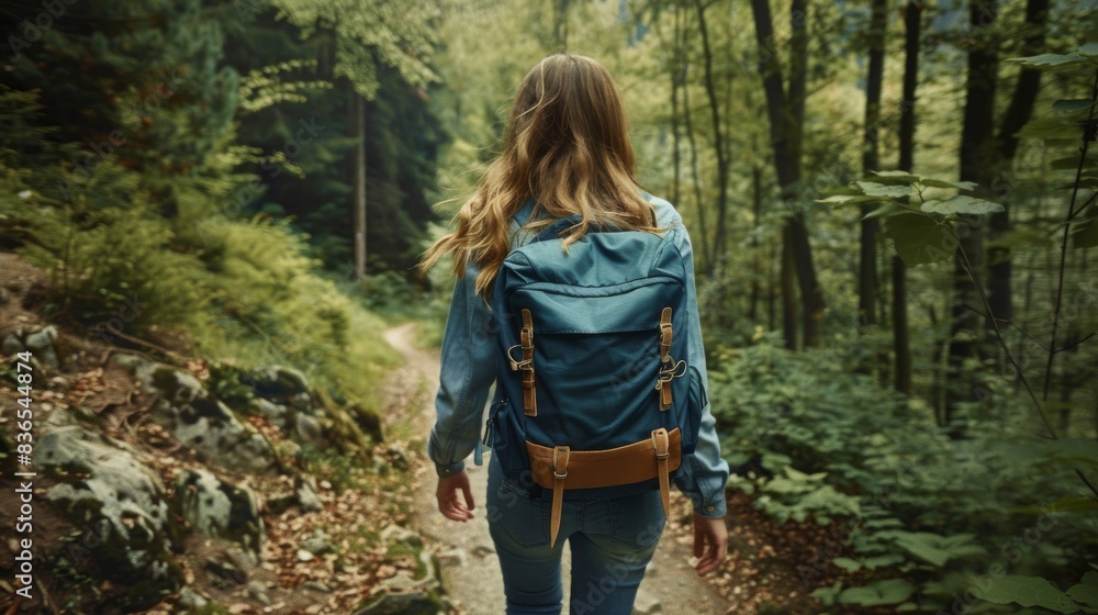 Woman hiking with backpack in forest trail Woman hiking with backpack in forest trail