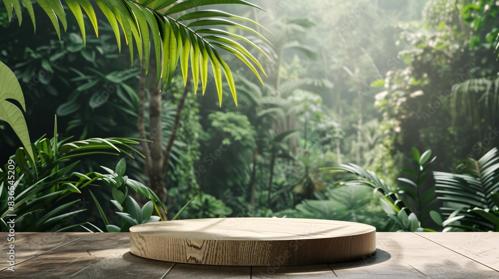 Wooden Product Podium Display, Tropical Leaves in Natural Jungle Setting -Generative AI Wooden Product Podium Display, Tropical Leaves in Natural Jungle Setting -Generative AI