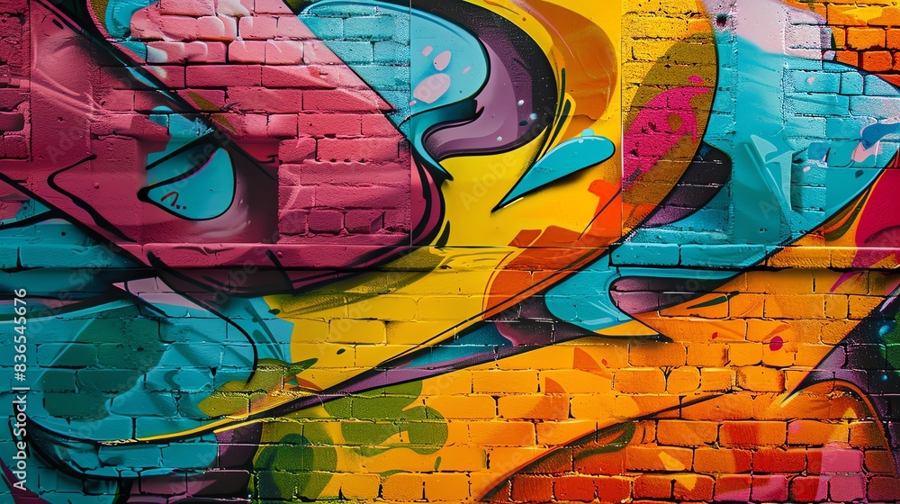 Vibrant street art mural with colorful abstract graffiti on a brick wall. Creative urban artwork showcasing bold, dynamic designs. Vibrant street art mural with colorful abstract graffiti on a brick wall. Creative urban artwork showcasing bold, dynamic designs.
