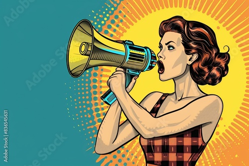 pin up style girl speaking with megaphone pop art retro vector illustration ,for blasting information / announcement